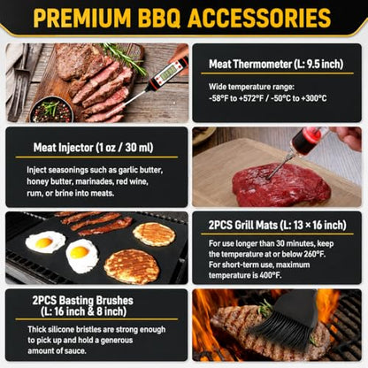 34Pcs Grill Accessories Grilling Gifts for Men, 16 Inches Heavy Duty BBQ Accessories, Stainless Steel BBQ Tools with Thermometer, Grill Mats for Backyard, BBQ Gifts Set for Men Women