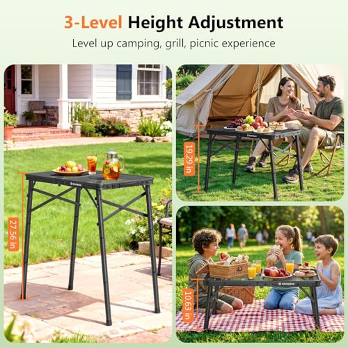 Folding Grill Table for Outside, 3 Height Adjustable Small Camping Table with Mesh Bag, Metal Aluminum Folding Table, 23.62 x 15.75 inches, Portable Grill Stand for Picnic, Camping, BBQ, Beach, Black - size: 23.62 x 15.75 x 27.56 inch