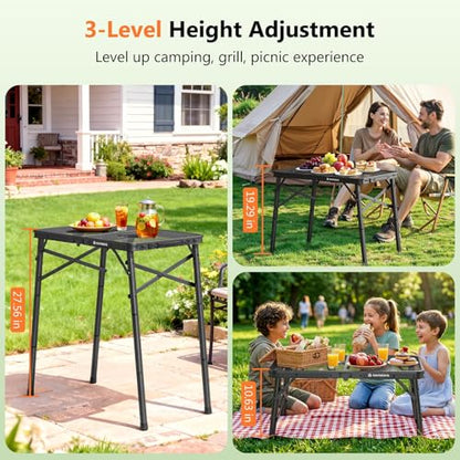 Folding Grill Table for Outside, 3 Height Adjustable Small Camping Table with Mesh Bag, Metal Aluminum Folding Table, 23.62 x 15.75 inches, Portable Grill Stand for Picnic, Camping, BBQ, Beach, Black - size: 23.62 x 15.75 x 27.56 inch