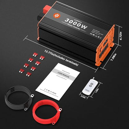 3000 Watt Power Inverter 12V DC to 110V/120V AC Converter Peak Power 6000W Car Inverter with LCD Display 3 AC Outlets, 2 USB & Type-C Port for RV,Truck,Off-Grid Solar System with Remote Controller
