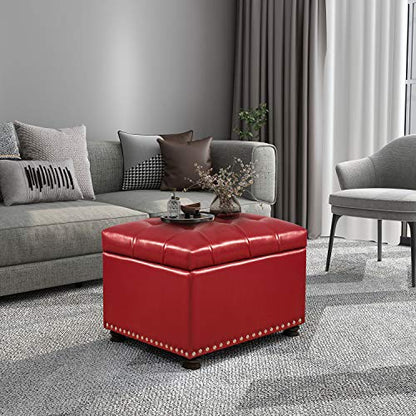 24'' Leather Storage Ottoman Rectangular Foot Rest Stool with Nailhead Trim for Bedroom Living Room(Red) - color: Red