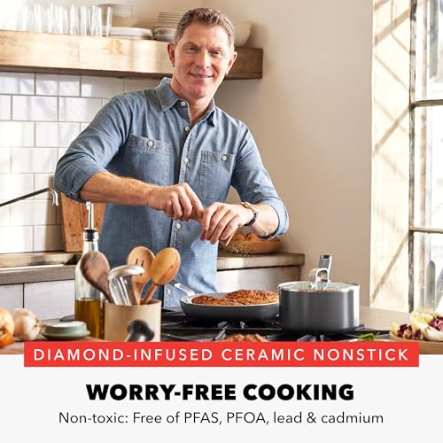 GreenPan x Bobby Flay 13 Piece Nonstick Cookware Pots and Pans Set, PFAS-Free Diamond Ceramic, Induction Suitable, Easy Clean Dishwasher & Oven Safe, Stay-Cool Silicone Handles, Glass Lids, Graphite - color: Graphite