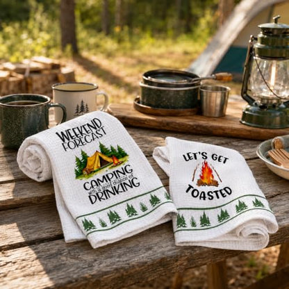 DETIHO 2 Pieces Camping Kitchen Towels, Happy Camper Dish Kitchen Towel - color: Multicolor