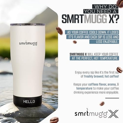 SmrtMugg X Heated Coffee Mug 19 oz., 8 Hour Battery Life, Self-Heating, Adjustable Temp Controlled, LCD Screen, Includes Cover with Magnetic Slider (Black) (White) - color: White