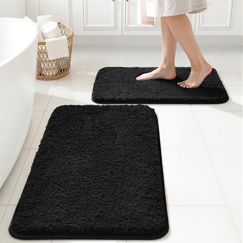 MIULEE Black Bathroom Rugs Set 2 Piece, Small Soft Absorbent Microfiber Bath Mat Set, Non Slip Quick Dry Machine Washable Plush Shaggy Bath Rugs for Bathroom Floor, Tub and Shower, 16x24 inches - color: Black, size: 16''x24''