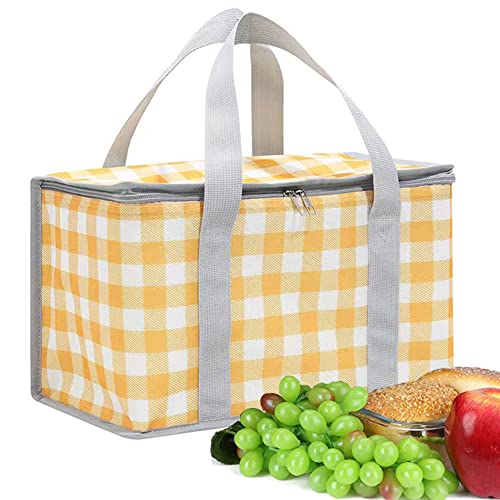 Insulated Bag Picnic Basket Bags Beach Bag Foldable Cooler Bag Reusable with Zippered top-for Warm or Cold Picnic Accessories, Outdoor(13.8x7.9x7.9 in) - color: Yellow