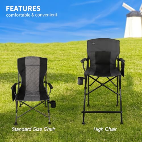 LANMONTAIN 2 Pack Tall Folding Camping Chairs,30.7'' Seat Height Portable Hard Arm Bar Chairs w/Cup Holder,Side Mesh Pocket and Footrest,Heavy Duty Support 350 Lbs Comfy Director Chairs,Dark Grey - color: Dark Grey&grey 2 Pack
