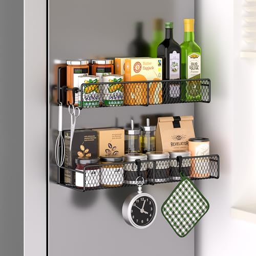 Magnetic Spice Rack for Refrigerator, 2 Pack Metal Magnetic Shelf Black, Moveable Spice Organizer with Hooks, Super Magnetic Fridge Shelf for Kitchen Organization and Storage - color: Black, style: 2 Pack