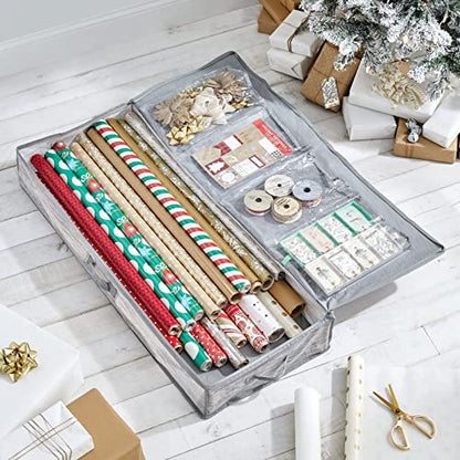 mDesign Long Gift Wrapping Organizer with Handles - Wrapping Paper Holder for Christmas and Holiday Giftwrap - Zipper Closure Storage Bag Container - Taupe/Tan