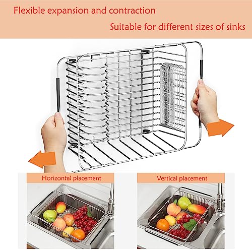NiuYichee Stainless Steel Dish Drying Rack(15"L X 12.6"W X 4.7"H), Expandable Fruit & Vegetable Drain Rack over Sink, Dish Drainer Rack in Sink, with Stainless Steel Utensil Holder & Silicone Mat(16") - size: X-Large【15" X 12.6"】