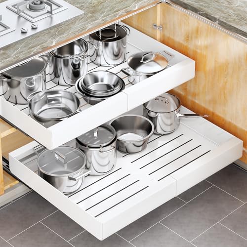 Pull out Cabinet Organizer, Wider Expandable(14"-24") Heavy Duty Slide out Drawers Fixed with Adhesive Nano Film for Pots, Roll out Shelf Storage for Kitchen Cabinet Organization(White-1pc)(3 Rails) - color: White, size: 21"D×14"-24"W(1 Pack)