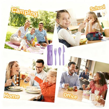 Travel Utensils with Case, Camping Utensil Sets, Wheat Straw Portable Knife Fork Spoons Tableware, Reusable Utensils for Lunch Box (Purple) - color: Purple