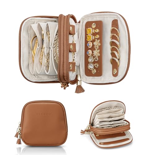 VLANDO Travel Jewelry Case,2-Layer Jewelry Organizer for Travel,Gifts for Women,Travel Essentials,Multi-Compartment Jewelry Storage for Rings Earrings Necklaces Bracelets - Dark Brown - color: Dark Brown