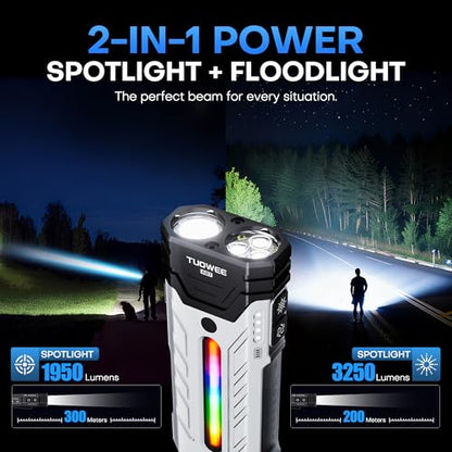 EDC Rechargeable Flashlight 3250 Lumens with RGB Light,55 Modes Multifunctional Flat Flashlight with Floodlight,Spotlight and Magnetic Base,Waterproof USB C Flashlight for Camping,Home,Emergencies - size: White