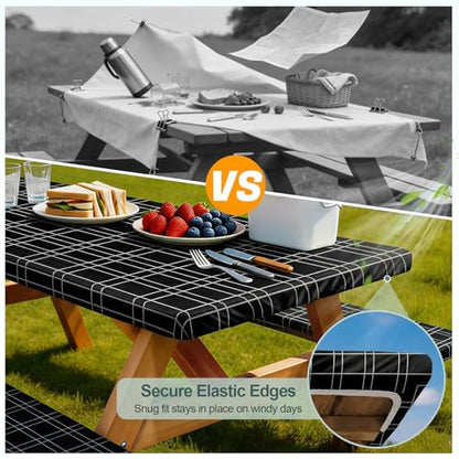 Picnic Table Cover with Bench Covers Camping Essentials Waterproof Windproof Camping Tablecloth with Drawstring Bag, Fitted Rectangle Tables and Seats, 72in, Black Checkered - color: Black Checkered, size: 72in