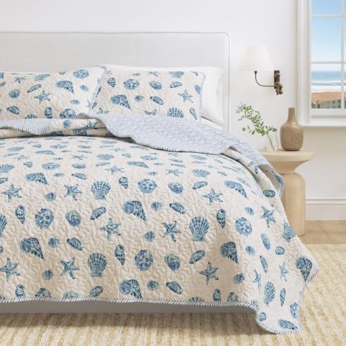 Great Bay Home Coastal Quilt Set - 3-Piece Full/Queen Size Nautical Bedding Set - Lightweight, All-Season, Reversible Coral-Printed Bedspread (Blue Shells) - color: Blue Shells, size: Full / Queen