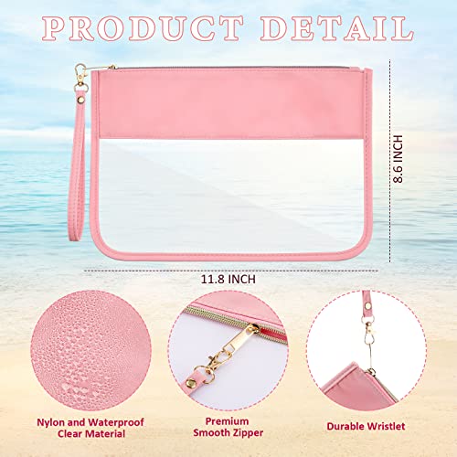 Sanwuta 3 Pcs Clear Flat Zipper Snack Pouches, Sunscreen Chenille Letter Makeup Bags, Portable Waterproof PVC Travel Cosmetic Clearly Tote Pouch Set for Beach Women Teacher Gift(Pink, Beige, Brown) - color: Pink, Beige, Brown