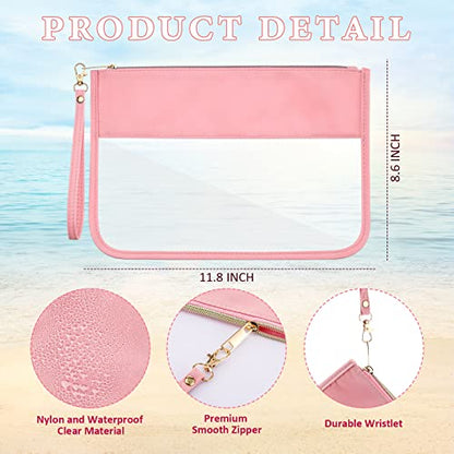 Sanwuta 3 Pcs Clear Flat Zipper Snack Pouches, Sunscreen Chenille Letter Makeup Bags, Portable Waterproof PVC Travel Cosmetic Clearly Tote Pouch Set for Beach Women Teacher Gift(Pink, Beige, Brown) - color: Pink, Beige, Brown
