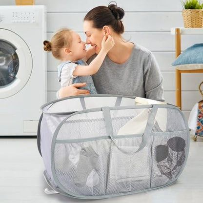 2 Pack Collapsible Laundry Baskets, Upgrade Pop Up Laundry Hamper with Convenient Bags, Foldable Laundry Basket Mesh Light Weight, Easy to Carry Clothes Hampers for Laundry, Dorm, Toys, Travel Grey - color: 2xGrey