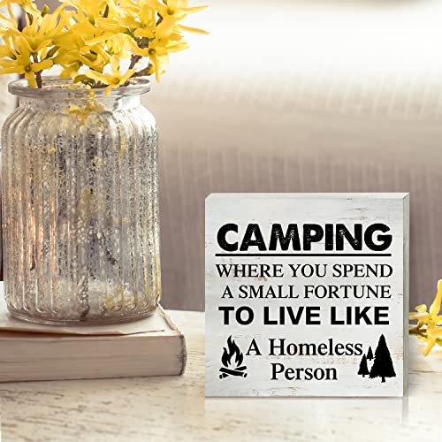 Camping Where You Spend a Small Fortune Wooden Box Sign - 5 x 5 Inch Desk Decor for Travel Trailer Camper - Rustic Wood Block Decor