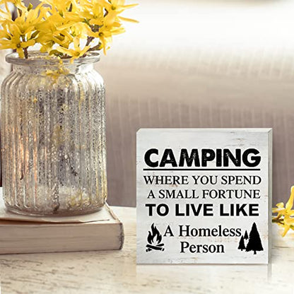 Camping Where You Spend a Small Fortune Wooden Box Sign - 5 x 5 Inch Desk Decor for Travel Trailer Camper - Rustic Wood Block Decor