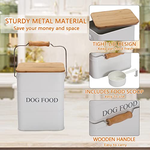 Morezi Dog Treat and Food Storage Tin with Wooden Lid and Scoop Included - White Powder - Carbon Steel - 5 lbs Capacity - Pet Food Container Storage Canister - color: White