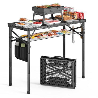 Raynesys Tri-fold Camping Table, 35.43"x15.75", Aluminum Frame Folding Tables, 3 Heights Adjustable Grill Table with Storage Bag, Portable Handle for Picnic Cooking BBQ Camping Outdoor, Black - size: 35.43 x 15.75 x 27.95 inch