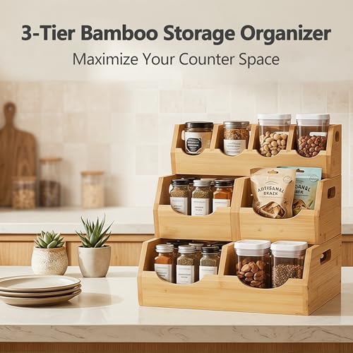 3-Tier Bamboo Storage Bins, Modular Potato & Onion w/ Spices | 4-pc bamboo set: 1 spice tray, 3 veggie baskets. Ventilated. Great for counters, bathrooms, living rooms.
