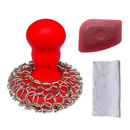 316 Upgraded Chainmail Scrubber with Silicone Handle Cast Iron Cleaner for Cast Iron Grill Pan Skillet Wok Bakeware Ergonomic to Hold Easy to Use Dishwasher Safe, Scrubber + Scraper + Towel (Red) - color: Red