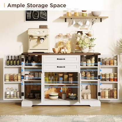 Vabches Sideboard Buffet Cabinet with 2 Drawers, Farmhouse Kitchen Pantry with Adjustable Shelves, Coffee Bar Cupboard Cabinet with 4 Doors for Kitchen & Dining Room