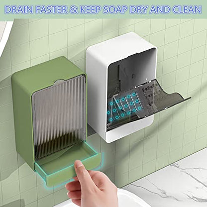 HANCELANT Bathroom Soap Dishes, 2 Pack Bar Soap Holder with Drain Wall Mounted Soap Box for Shower, Bathroom, Kitchen Sink, Keep Soap Bars Dry, Waterproof Dustproof, No Drilling, Adhesive Include - color: White+white