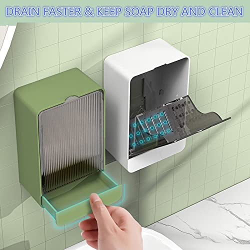 HANCELANT Bathroom Soap Dishes, 2 Pack Bar Soap Holder with Drain Wall Mounted Soap Box for Shower, Bathroom, Kitchen Sink, Keep Soap Bars Dry, Waterproof Dustproof, No Drilling, Adhesive Include - color: White+green