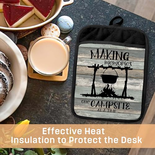 Rustic Camping Pot Holders with Pockets, Gifts for Camping Lovers, Making Memories One Campsite at a Time Oven Pot Holders Heat Resistant Oven Mitts Hot Pads for Kitchen Baking Cooking - color: Campfire-b
