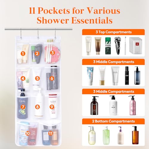 Lifewit Mesh Shower Caddy, 11 Pockets Hanging Shower Organizer with Quick Drying Mesh, Portable Space Saving Bathroom Organizer to Hold Soap, Shampoo and Cruise Ship Essentials, White, 1 Pack - size: 17" × 34"