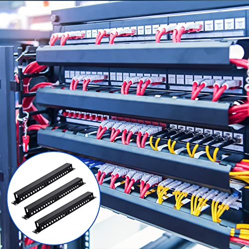 8 Pieces 19 Inch Cable Manager 1U 24 Slot Horizontal Server Rack Mount Cable Management Organizer Raceway Metal Finger Duct with Cover and Screw for Wire Network Wall Cord, Black