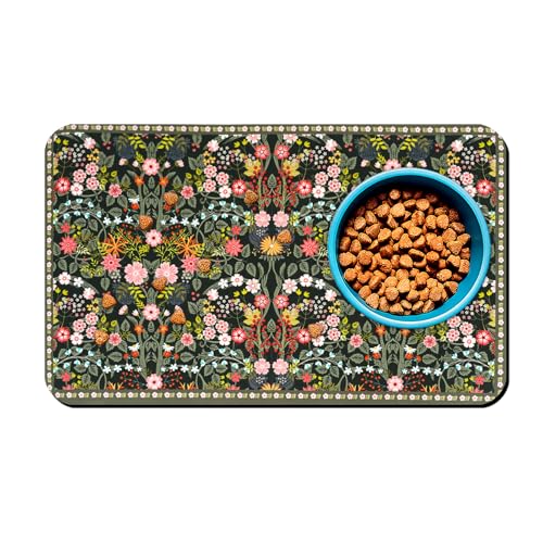 Dog Food Mats for Floors Vintage Boho Floral Waterproof Mat for Cat Food and Water Bowls - Dark Green Absorbent Quick Dry Non Slip Mat for Pet Feeding - color: Boho Floral, size: 30"L x 17"W
