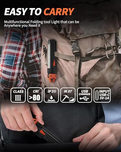 Led Work Light,400LM Foldable Mechanic Light, Rechargeable Flashlight with 5 Modes, 230° Rotate and Hook Magnetic Light for Car Repair, Camping, Grill（1 Pack Upgrade） - color: Orangey