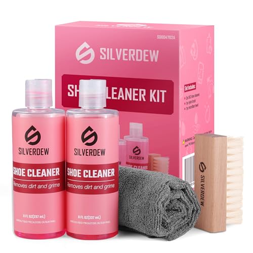 4PCS Shoe Cleaning Kit, Shoe Cleaner 8oz *2 Bottles, Sneaker Cleaner, Nylon Brushes & Microfiber Towel for Leather, Canvas, Mesh, Rubber & Synthetic Materials, Pink