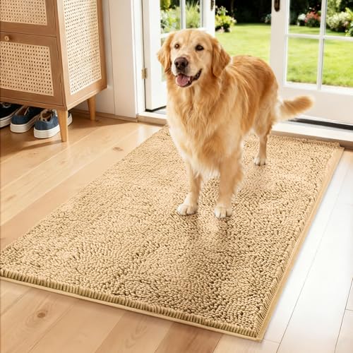 Absorbent Dog Door Mat for Muddy Paws, 60" x 48" Soft Chenille Indoor Dog Mat, Trap Dirt Mud Mat for Dogs, Non Slip Washable Pet Rug for Entryway, Beige - color: Beige, size: 60"L x 48"W x 1"Th