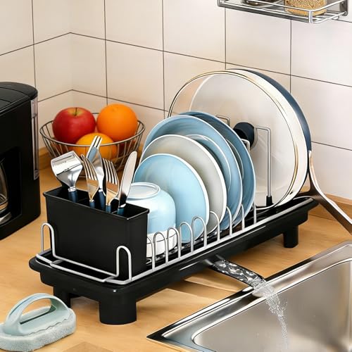 Compact Dish Drying Rack for Countertop, Small-Sized for Dorms, RVs & Tiny Kitchens, Auto-Drain, Adjustable Slots, Rust-Resistant with Utensil Caddy & Sponge Holder (Black) - color: Black