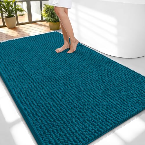 OLANLY Thick Large Bathroom Rugs 59x35, Extra Soft Absorbent Chenille Bath Rugs, Rubber Backing, Machine Wash Dry, Bath Mats for Bathroom Floor, Tub and Shower, Home Decor Accessories, Peacock Blue - color: Peacock Blue, size: 59" X 35"