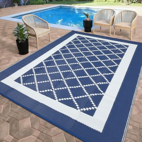Garvee Outdoor Rug 9x12 for Patios Modern Reversible Camping Carpet, Waterproof Straw Plastic Trellis Outdoor Mat with 4 Stakes and Storage Bag for RV, Picnic, Backyard, Deck, Balcony, Porch, Beach - color: Geometric|navy&white, size: 9' x 12' (Rectangula