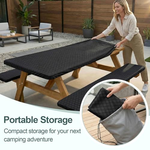 Picnic Table Cover with Bench Covers Camping Essentials Waterproof Windproof Camping Tablecloth with Drawstring Bag, Fitted Rectangle Tables and Seats, 96in, Black - color: Black, size: 96in
