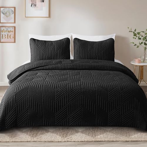 Exclusivo Mezcla Ultrasonic Twin Quilt Bedding Set, Lightweight Black Bedspreads Soft Modern Geometric Coverlet Set for All Seasons (1 Quilt and 1 Pillow Sham) - color: Black, size: Twin (68"x88")