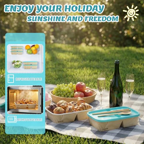 8 Pack 32oz Paper Lunch Box Bento Boxes, 2-Compartment Food Storage Containers with Lids, Leakproof Soak-Proof and Microwave Safe, Disposable To Go Boxes for Picnics, Offices, Catering, Blue Lid - color: Blue