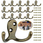 Homanu 14 Pack Coat Hooks, Heavy Duty Double Prong Coat Hooks Wall Mounted with 28 Screws, No Rust Antique Brass Metal Wall Hooks for Hanging Towel, Coat, Bag, Hat, Cup, Key - color: 14 Pcs Antique Brass