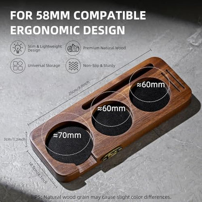 Bincoo 58mm Espresso Tamping Station - Sapele Coffee Bar Organizer with Non-Slip Mat, Multi-Slot Design for Counter, Holds Tamper,Distributor, Basket Holder - size: 58MM