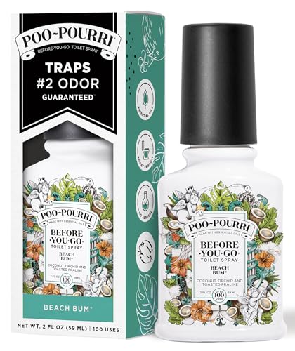 Poo-Pourri Before-You-Go Toilet Spray, Beach Bum, 2 Fl Oz, Up to 100 Uses, Bathroom Odor Deodorizer with Essential Oils for Home or Work, Travel Essentials, TSA Approved Size, Coconut, Orchid Scent - size: 2 Fl Oz (Pack of 1)