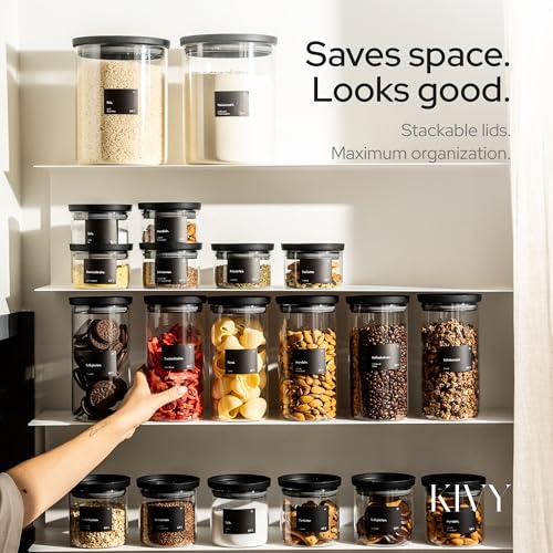 KIVY Airtight Glass Jars with Lids & Labels [4x 17oz] Stackable Glass storage jars with airtight lids - Black Glass Jars with airtight lid - Food Glass canisters with transparent lids - size: 17oz * 4