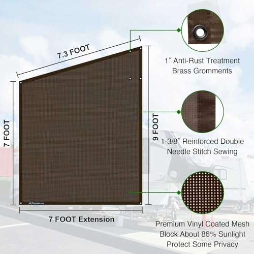 Tentproinc RV Awning Side Sun Shade Screen 9'X7' Mesh Sunshade for Motorhome Camping Trailer Awning Sunscreen Shadescreen Block UV Glare Sunblocker - 3 Year Warranty (Brown) - color: Brown